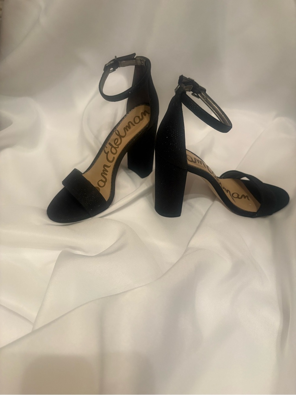 Sam Edelman Black Sparkle Ankle-Strap Block Heel Sandals